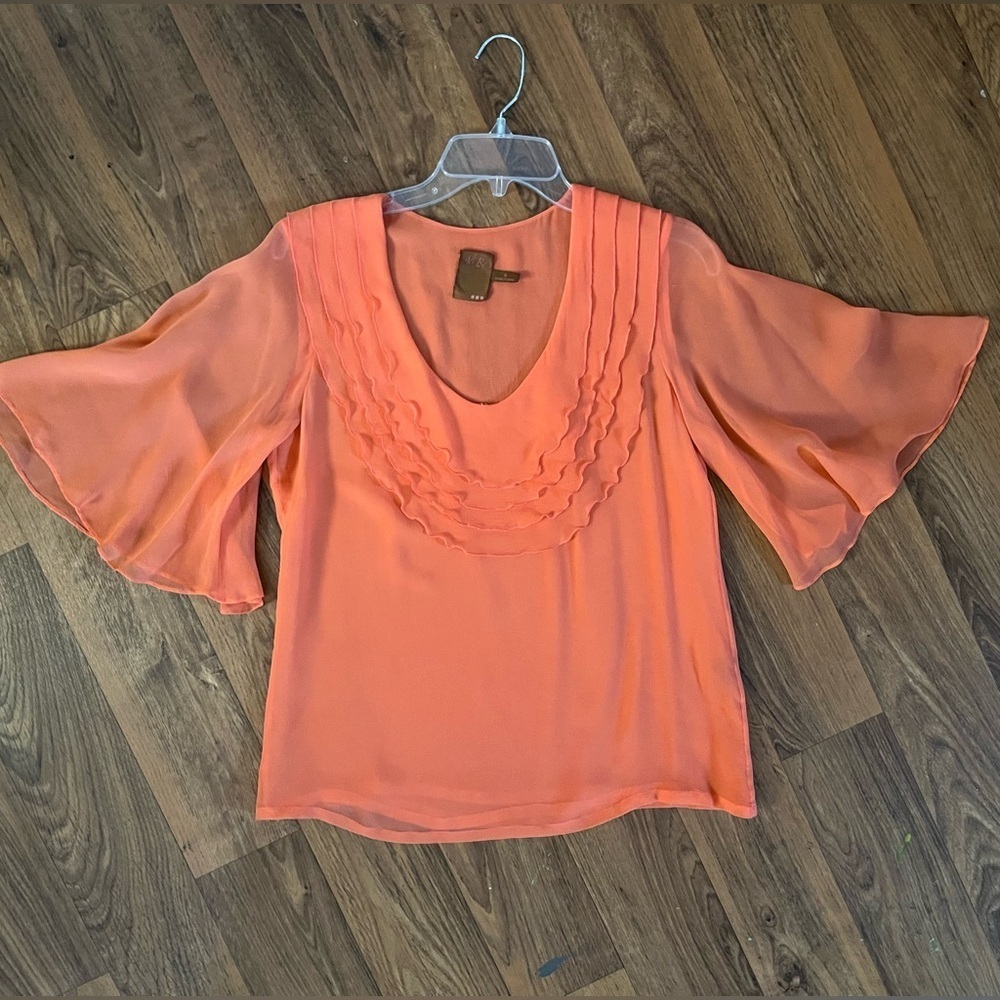 Ali Ro 100% Silk Sheer Orange Blouse with Butterfly Sleeves